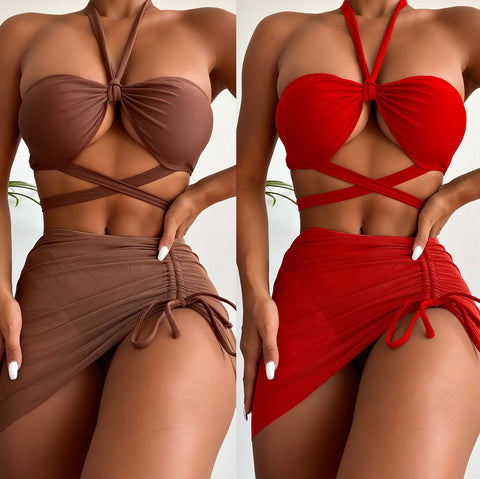 Traditional Solid Color 3 in 1 Piece Straps Halter Cross Front Swimsuit Bikini
