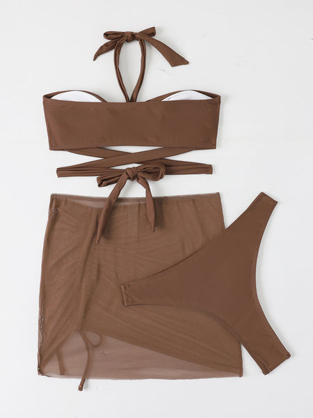 Traditional Solid Color 3 in 1 Piece Straps Halter Cross Front Swimsuit Bikini