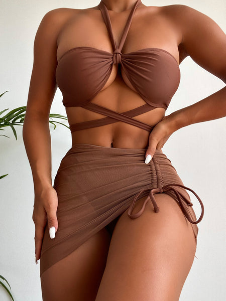 Traditional Solid Color 3 in 1 Piece Straps Halter Cross Front Swimsuit Bikini