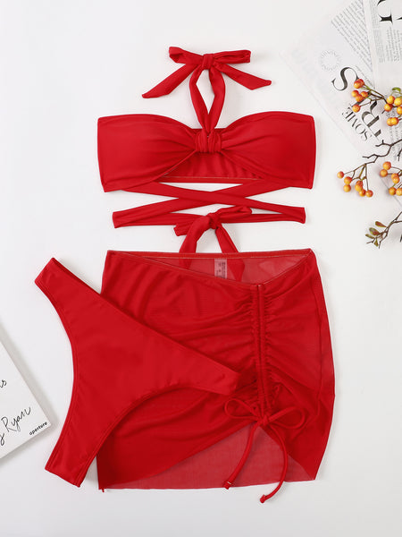Traditional Solid Color 3 in 1 Piece Straps Halter Cross Front Swimsuit Bikini
