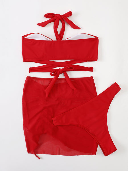 Traditional Solid Color 3 in 1 Piece Straps Halter Cross Front Swimsuit Bikini