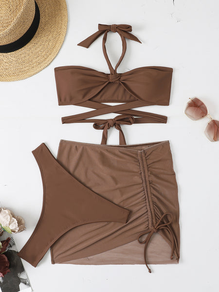 Traditional Solid Color 3 in 1 Piece Straps Halter Cross Front Swimsuit Bikini