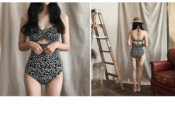 Traditional One Piece Small Floral Printed Swimwear Women Sexy Backless Swimsuit