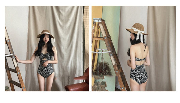 Traditional One Piece Small Floral Printed Swimwear Women Sexy Backless Swimsuit