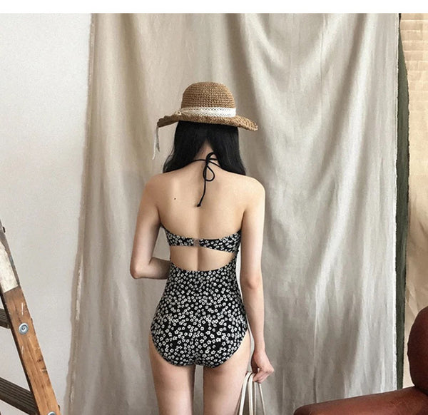 Traditional One Piece Small Floral Printed Swimwear Women Sexy Backless Swimsuit