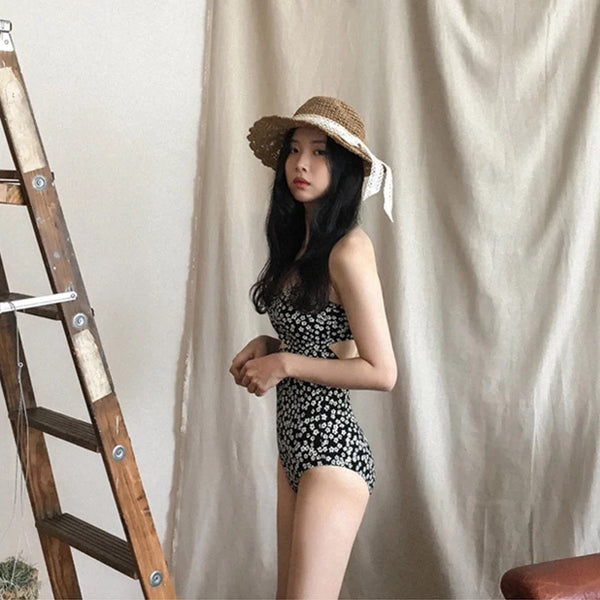 Traditional One Piece Small Floral Printed Swimwear Women Sexy Backless Swimsuit