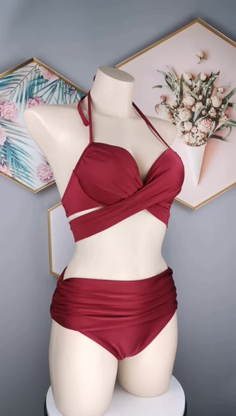 Fairy Vacation Wine Red Sexy Strappy Push Up Front Cross Bikini Swimsuit