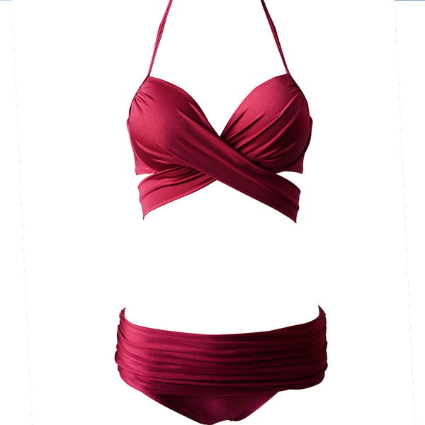 Fairy Vacation Wine Red Sexy Strappy Push Up Front Cross Bikini Swimsuit