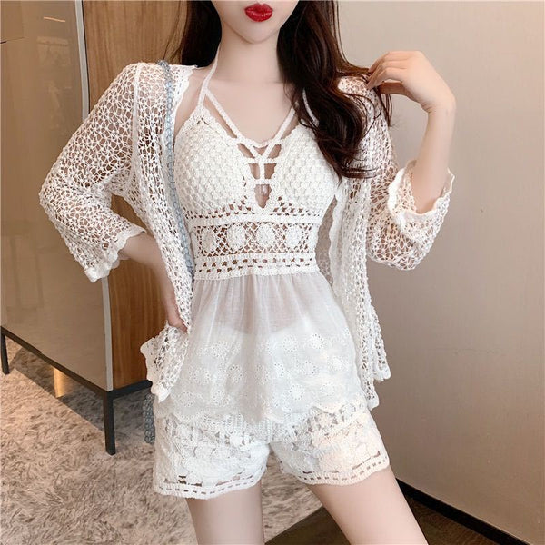 Fashionable Resort Hot spring 3 in 1 piece Beach Swimsuit Bikini Sexy Sling Lace Skirt Set