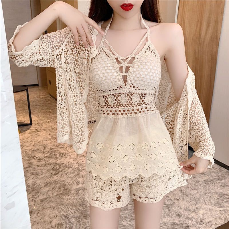 Fashionable Resort Hot spring 3 in 1 piece Beach Swimsuit Bikini Sexy Sling Lace Skirt Set