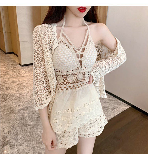 Fashionable Resort Hot spring 3 in 1 piece Beach Swimsuit Bikini Sexy Sling Lace Skirt Set
