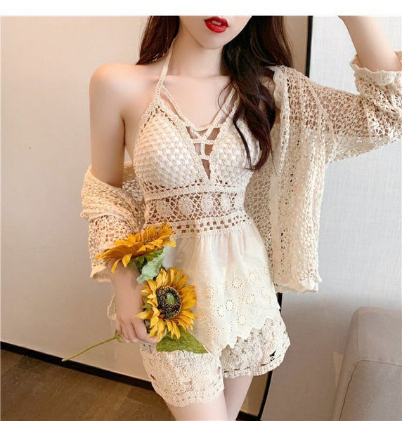Fashionable Resort Hot spring 3 in 1 piece Beach Swimsuit Bikini Sexy Sling Lace Skirt Set