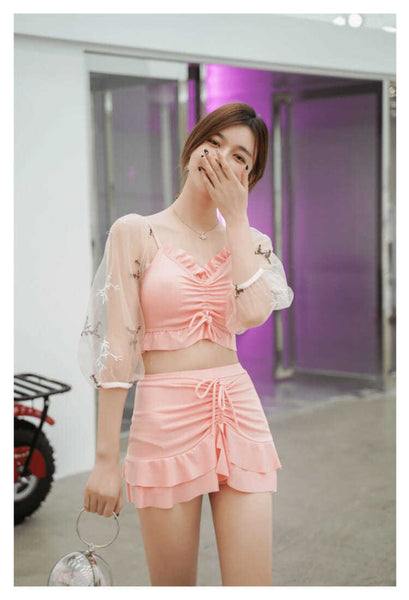 Hot Spring Two Piece Thin Mesh Shoulder Pleated Front Bow Sold Color Swimsuit