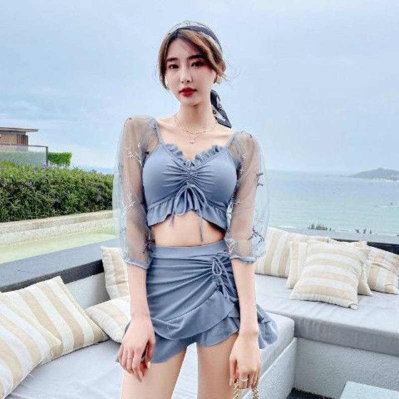 Hot Spring Two Piece Thin Mesh Shoulder Pleated Front Bow Sold Color Swimsuit