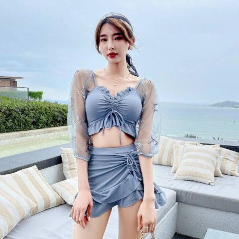 Hot Spring Two Piece Thin Mesh Shoulder Pleated Front Bow Sold Color Swimsuit