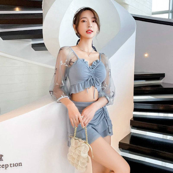Hot Spring Two Piece Thin Mesh Shoulder Pleated Front Bow Sold Color Swimsuit
