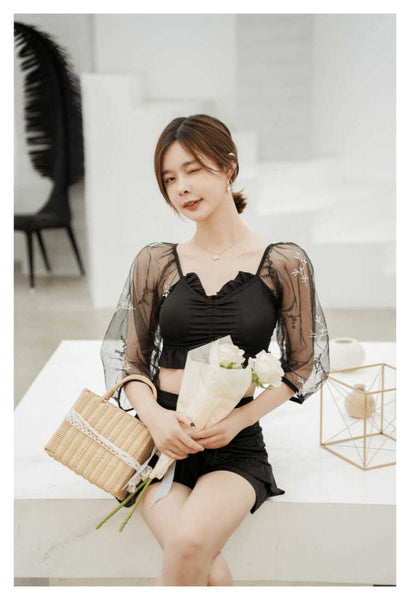 Hot Spring Two Piece Thin Mesh Shoulder Pleated Front Bow Sold Color Swimsuit
