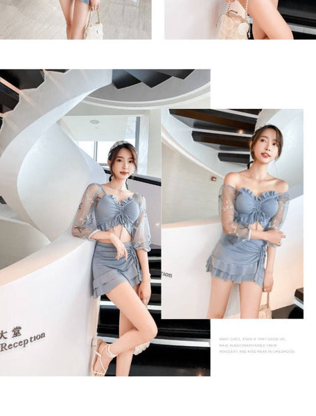 Hot Spring Two Piece Thin Mesh Shoulder Pleated Front Bow Sold Color Swimsuit