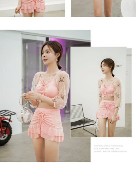 Hot Spring Two Piece Thin Mesh Shoulder Pleated Front Bow Sold Color Swimsuit