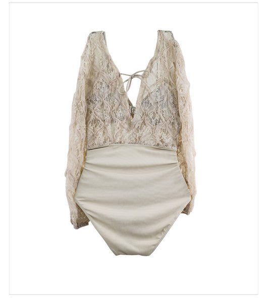 Seaside Fairy Lace Mesh One Piece Deep V Long Sleeve Women Swimsuit Swimwear