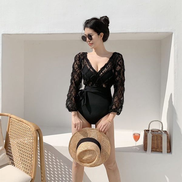 Seaside Fairy Lace Mesh One Piece Deep V Long Sleeve Women Swimsuit Swimwear