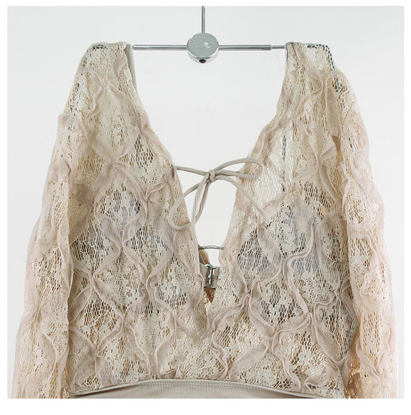 Seaside Fairy Lace Mesh One Piece Deep V Long Sleeve Women Swimsuit Swimwear