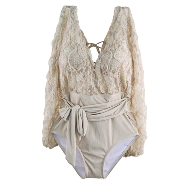 Seaside Fairy Lace Mesh One Piece Deep V Long Sleeve Women Swimsuit Swimwear