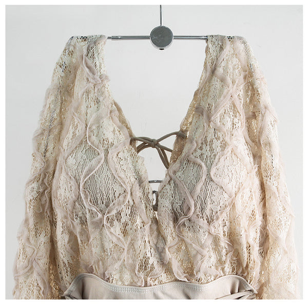 Seaside Fairy Lace Mesh One Piece Deep V Long Sleeve Women Swimsuit Swimwear