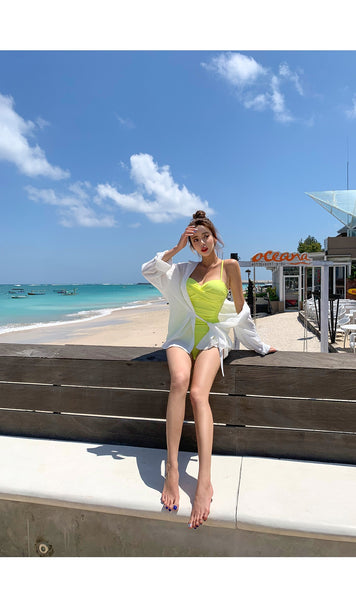 Sexy Women Retro Tight Fitting High Waisted One Piece Swimsuit Solid Color Beach Swimwear