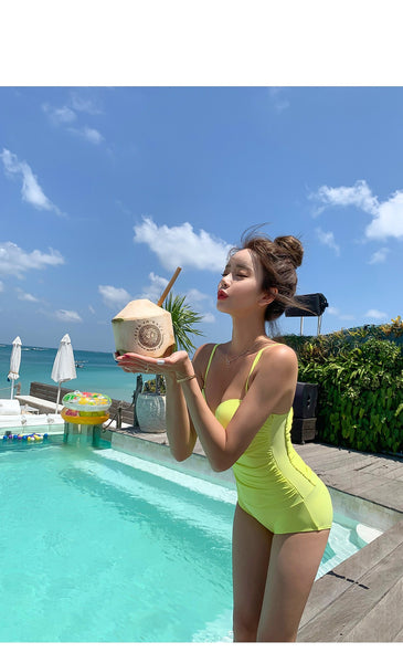 Sexy Women Retro Tight Fitting High Waisted One Piece Swimsuit Solid Color Beach Swimwear