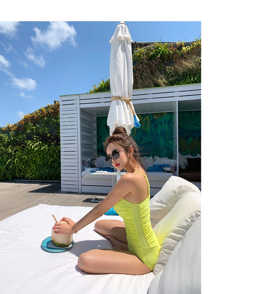 Sexy Women Retro Tight Fitting High Waisted One Piece Swimsuit Solid Color Beach Swimwear