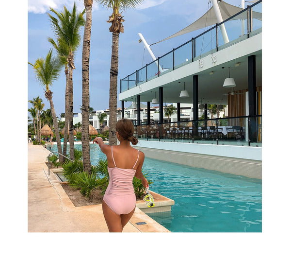 Sexy Women Retro Tight Fitting High Waisted One Piece Swimsuit Solid Color Beach Swimwear
