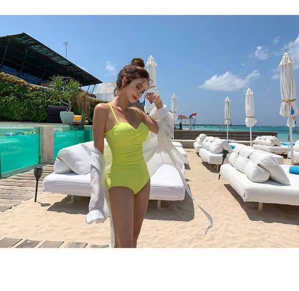 Sexy Women Retro Tight Fitting High Waisted One Piece Swimsuit Solid Color Beach Swimwear