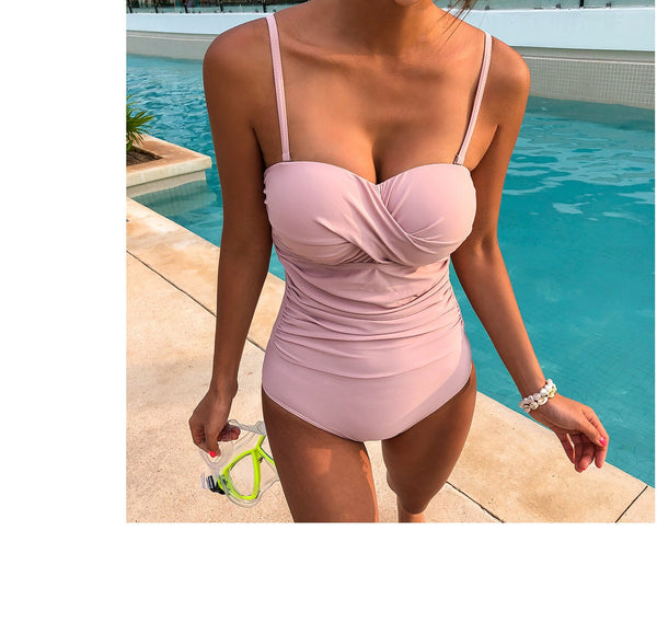 Sexy Women Retro Tight Fitting High Waisted One Piece Swimsuit Solid Color Beach Swimwear
