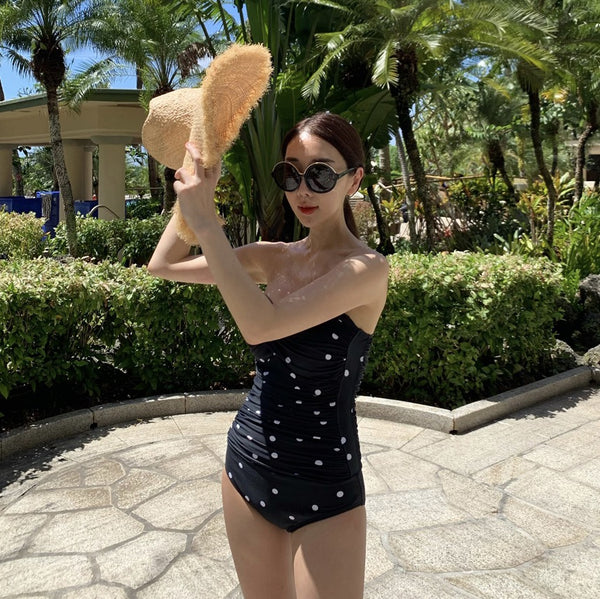 Sexy Women One Piece Retro Tight Fitting High Waisted Swimsuit Beach Logo Pattern Swimwear