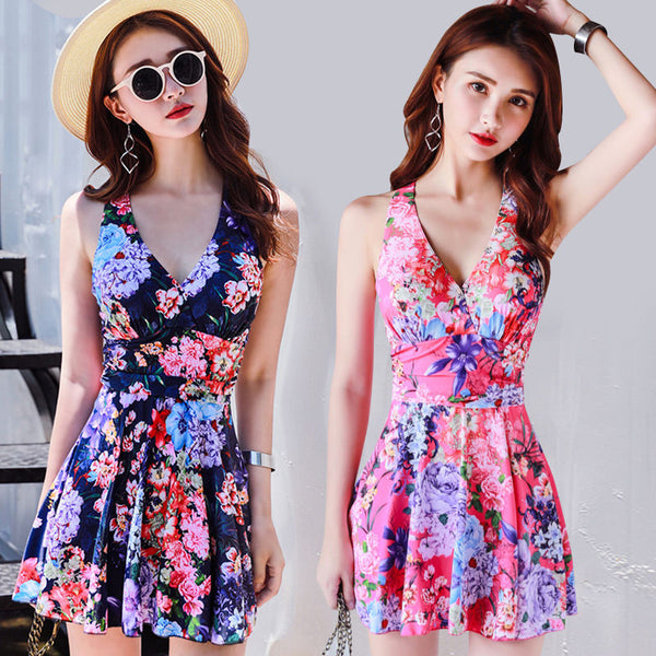 Plus Size Sexy V Neck Tankini Top Tie Dye Lattice Back High waist Swimsuit Dress