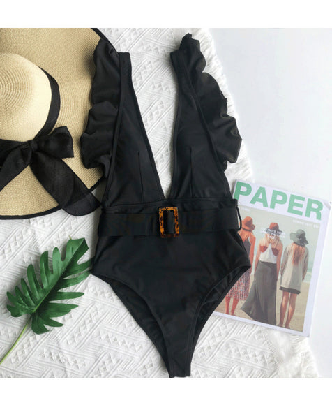 One Piece Deep pleated V Neck Sweet Sunny Sexy Women Backless Swimsuit