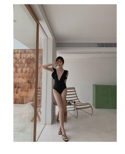 One Piece Deep pleated V Neck Sweet Sunny Sexy Women Backless Swimsuit