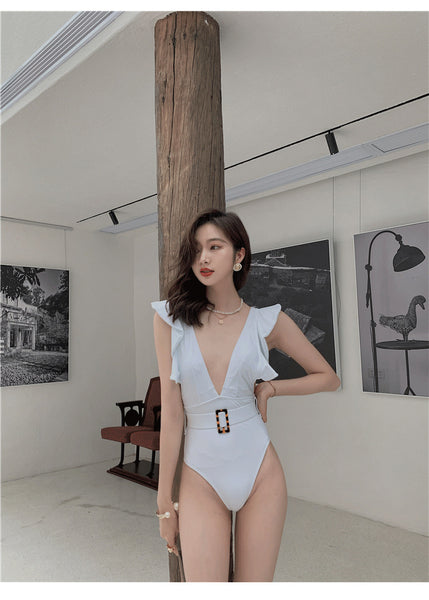 One Piece Deep pleated V Neck Sweet Sunny Sexy Women Backless Swimsuit