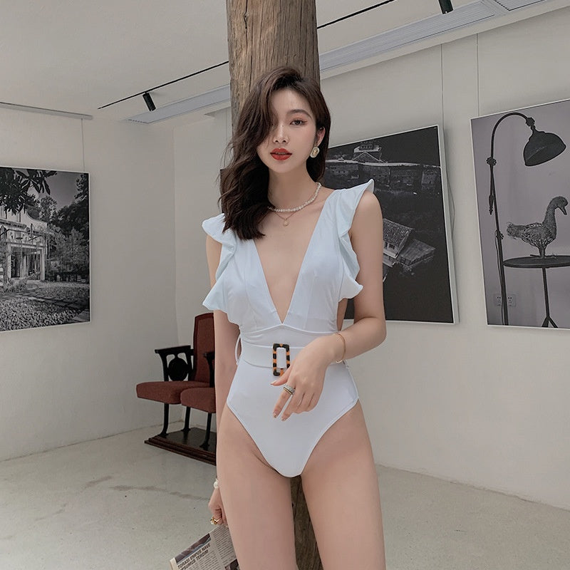 One Piece Deep pleated V Neck Sweet Sunny Sexy Women Backless Swimsuit