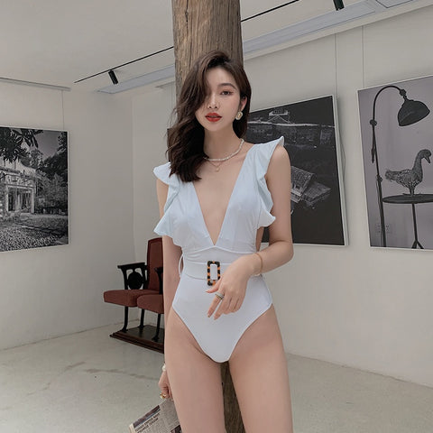 One Piece Deep pleated V Neck Sweet Sunny Sexy Women Backless Swimsuit