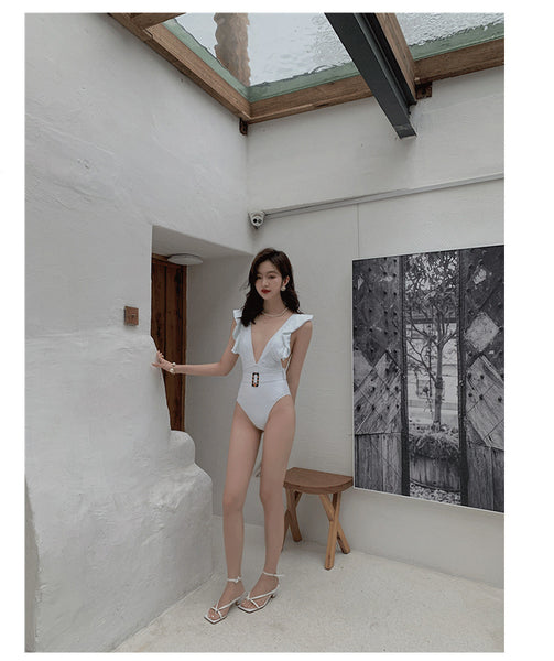 One Piece Deep pleated V Neck Sweet Sunny Sexy Women Backless Swimsuit