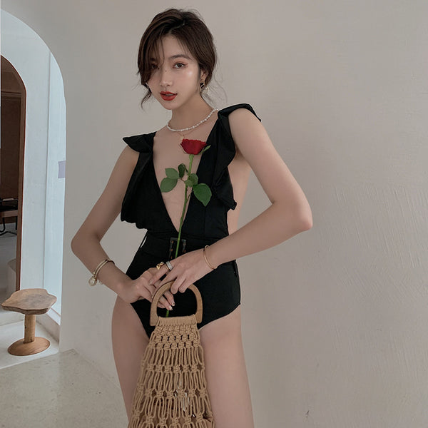 One Piece Deep pleated V Neck Sweet Sunny Sexy Women Backless Swimsuit