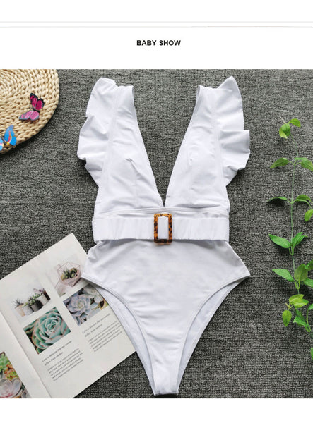 One Piece Deep pleated V Neck Sweet Sunny Sexy Women Backless Swimsuit
