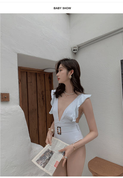 One Piece Deep pleated V Neck Sweet Sunny Sexy Women Backless Swimsuit