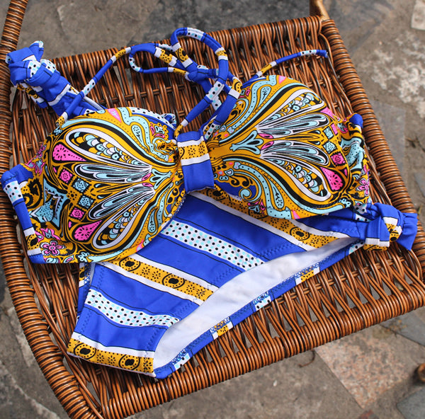 Sexy Mixed Colors Retro Striped Triangle Push-Up Bra Bikini Swimsuit