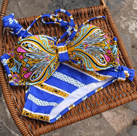 Sexy Mixed Colors Retro Striped Triangle Push-Up Bra Bikini Swimsuit