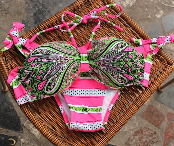 Sexy Mixed Colors Retro Striped Triangle Push-Up Bra Bikini Swimsuit