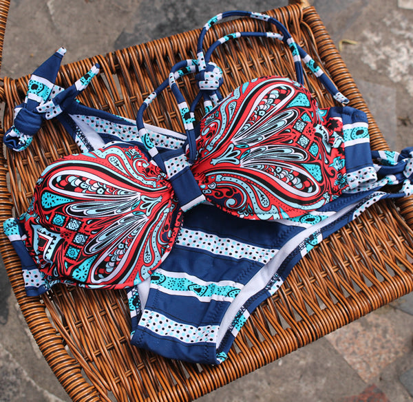 Sexy Mixed Colors Retro Striped Triangle Push-Up Bra Bikini Swimsuit