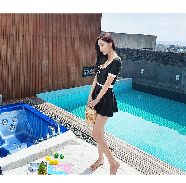 Retro Traditional Cute Women Fashion Square Neck Sexy Back Tie Black Swimsuit Dress
